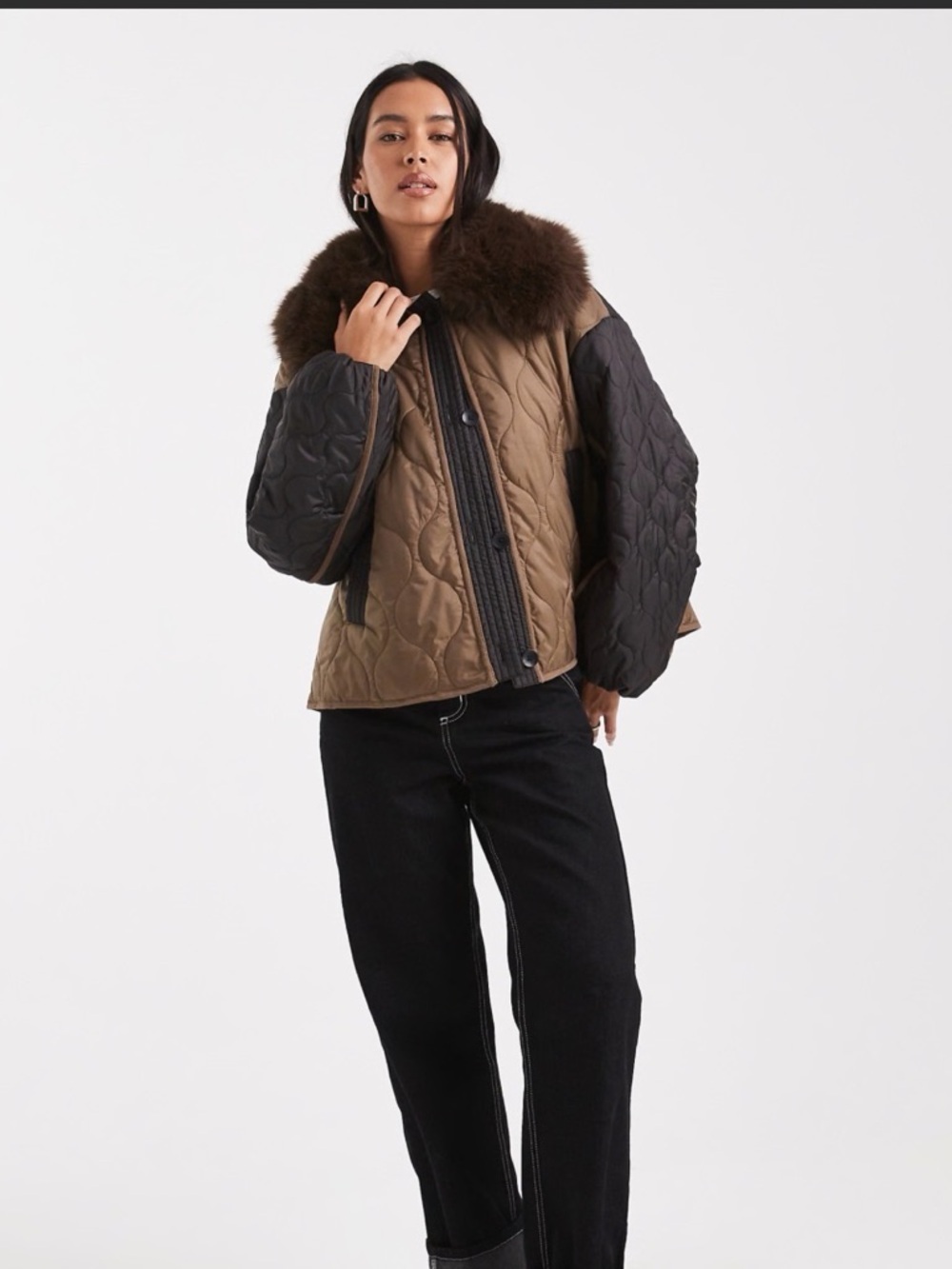 Asos Design Quilted Hybrid Teddy Collarless Jacket Mocha Women’s Size Small Chic